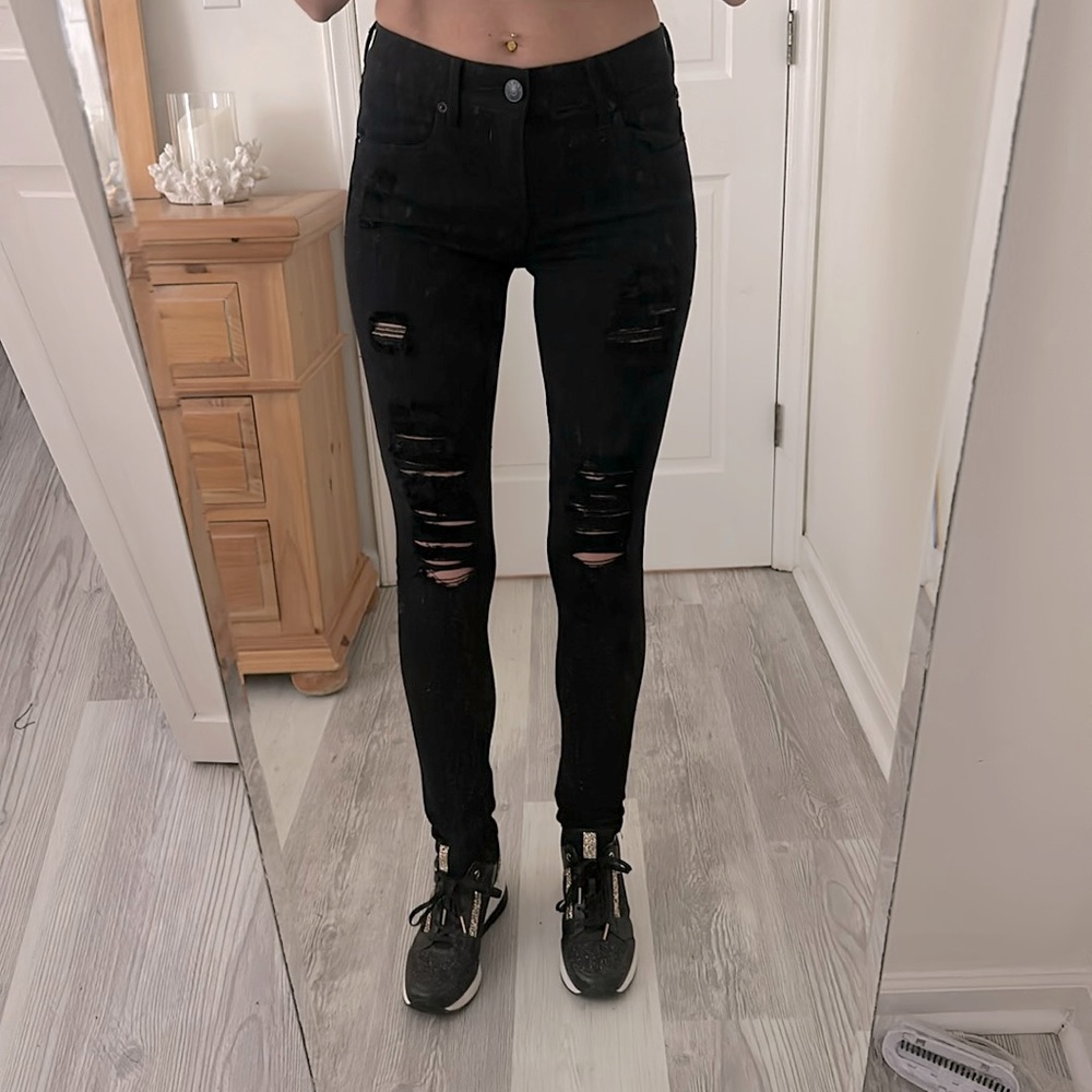 Express Black Ripped Stretch Legging Jeans, Sz 2 Tall